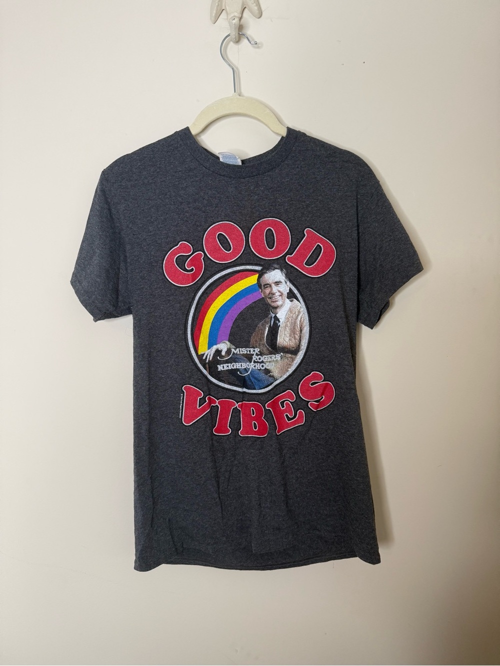 Good Vibes Graphic Tee in Charcoal with Red & Rainbow Print